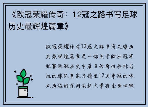 《欧冠荣耀传奇：12冠之路书写足球历史最辉煌篇章》